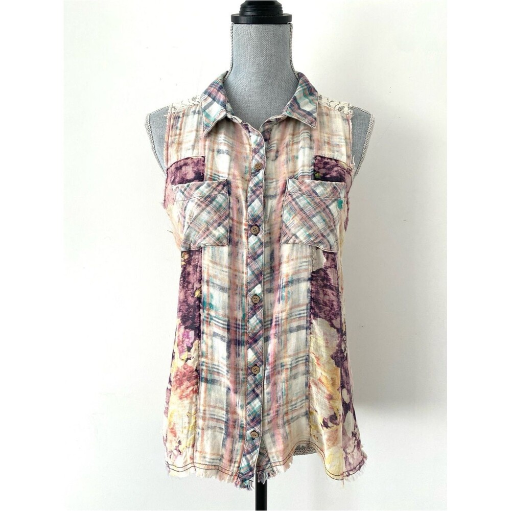 Miss Me Cream & Purple Sleeveless Plaid Floral Button-Down Top Sz M